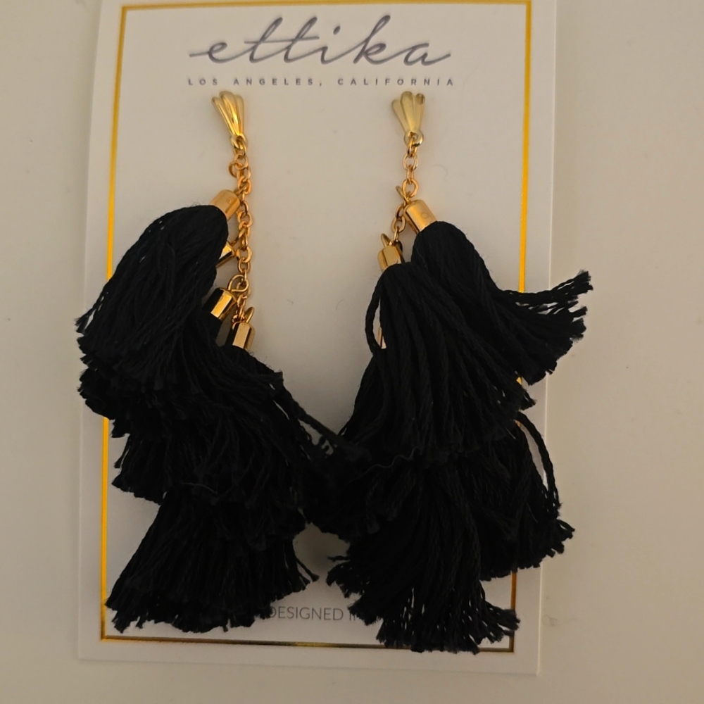 BRAND NEW nickel free 18k gold plated ettikablack fringe earrings